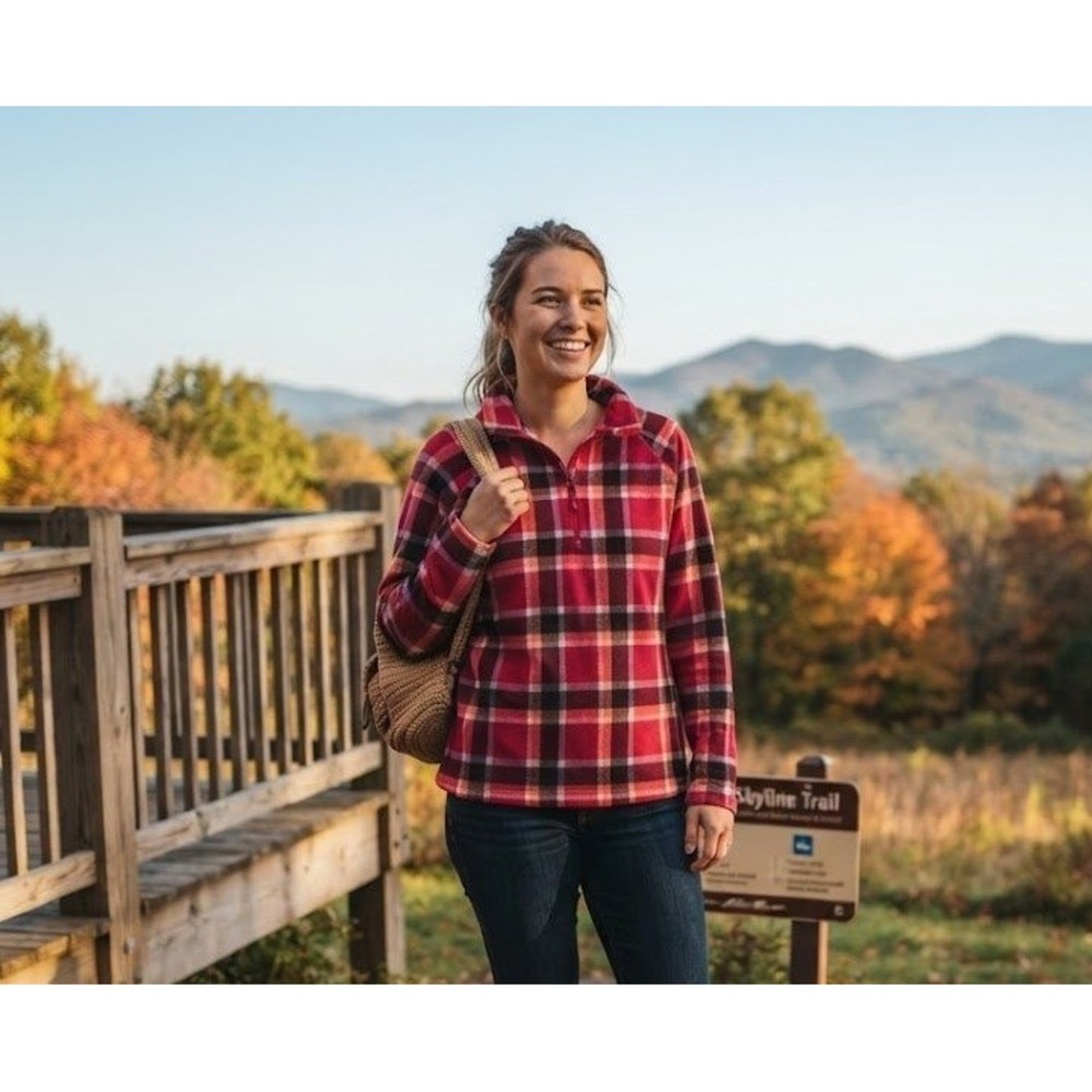 Eddie Bauer Pullover XL Red Plaid Quarter Zip Fleece Hiking Cabincore Activewear